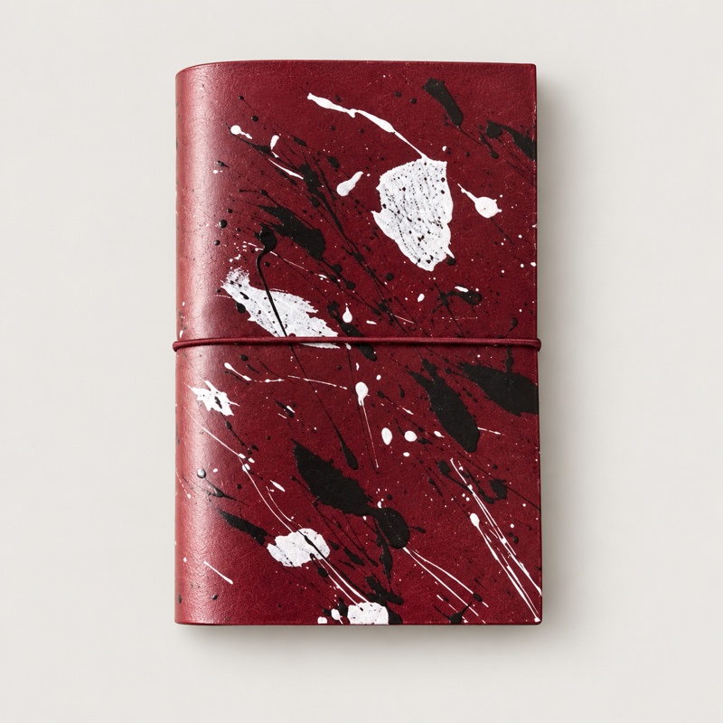 Burgundy leather journal with black and white splatters